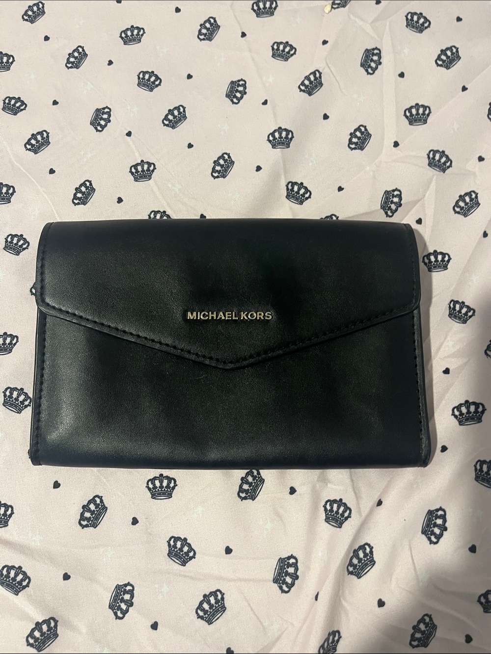 Michael Kors Black Leather Envelope Clutch Wallet with Gold Logo